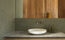 Stone vanity and tiled wall detail in Balgowlah residential architecture bathroom 