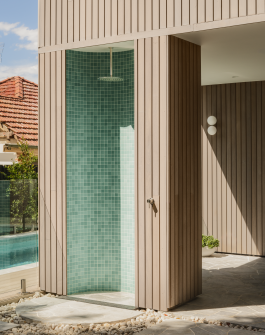 Green tiled exterior shower detail in Balgowlah residential architecture project 